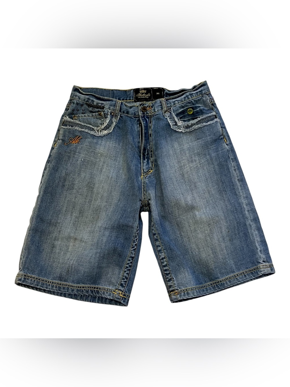 Akademiks Men's Mid Wash Blue Denim Jean Shorts with Embroidered Detail
